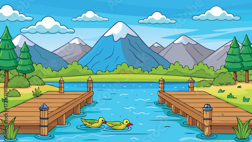 Cartoon lakeside scenery with wooden piers mountains trees and water a peaceful nature scene vector