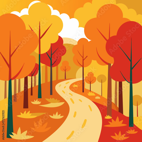 Colorful autumn forest with a winding path of a fall season park with orange and yellow trees vector landscape background.