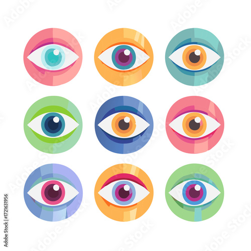 Set of Nine Eye Icons in Pastel Circles Collection of Colorful Eyes Symbols
