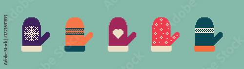 Pixel art mittens. Cute winter accessories in retro 8-bit style. Vector illustration.