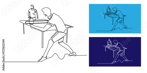 Continuous line drawing of two people playing table tennis, minimalist one line art illustration representing sport, competition, and active lifestyle.