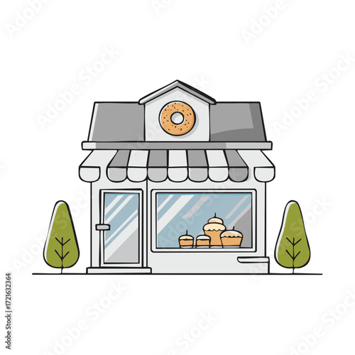 Illustration of a bakery shop with a doughnut sign and pastries in the window