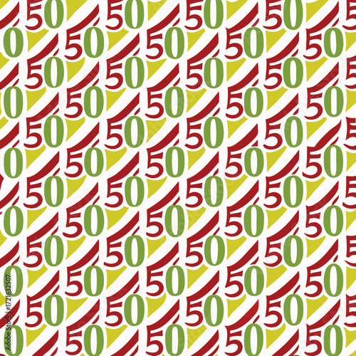 Repeating Pattern of the Number 50 in Red and Green with Yellow and Red Diagonal Stripes fifty
