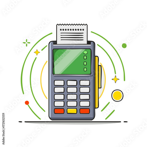 Colorful cartoon illustration of a POS terminal printing a receipt for a cashless transaction