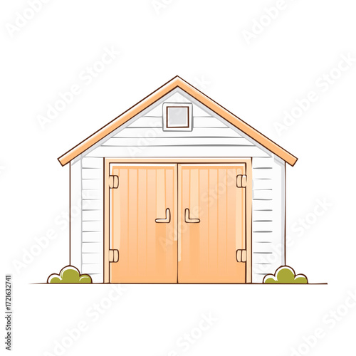 Illustration of a White Shed with Closed Double Doors and Trimmed Shrubs