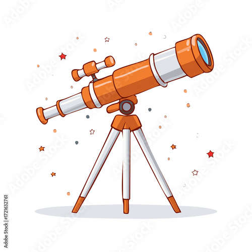 Orange telescope for astronomical observation and celestial exploration, surrounded by stars