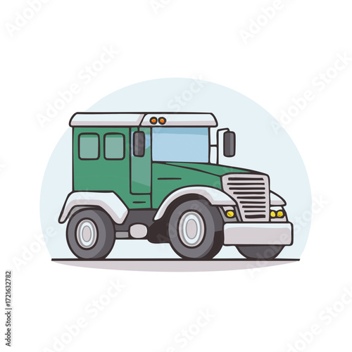 Cartoon Styled Green Truck with White Accents on Light Blue Background
