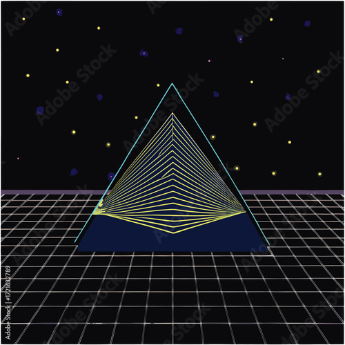 Retro Futuristic Pyramid in a Digital Grid Landscape Under a Starry Sky vector illustration