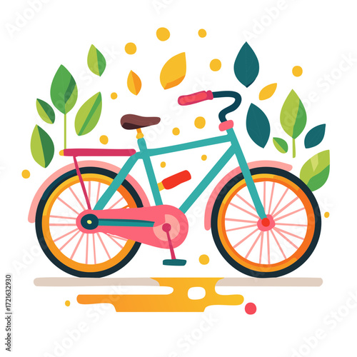 Colorful bicycle illustration with falling leaves representing eco friendly transport and healthy lifestyle