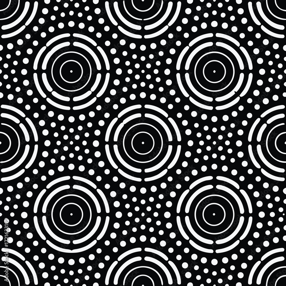 Fototapeta premium Seamless black and white geometric pattern with concentric circles and dots abstract