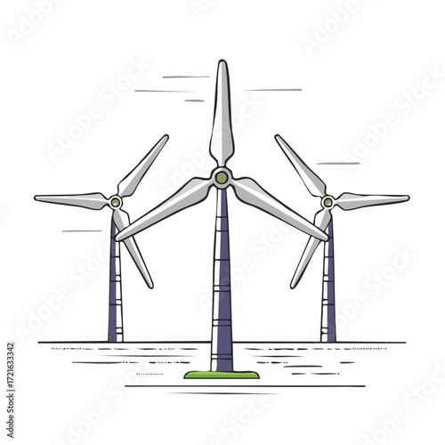 Wind turbines in a cartoon style generating alternative energy.