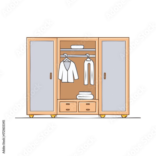 Hand drawn wooden wardrobe with organized clothing on hangers and shelves cartoon illustration