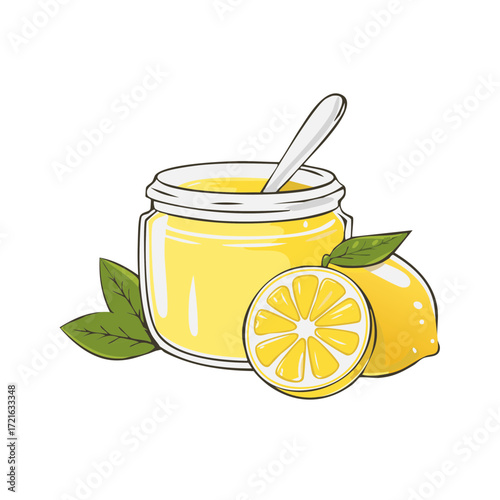 Vibrant Illustration of Lemon Curd in a Glass Jar with Fresh Lemons and Leaves, Spoon Ready