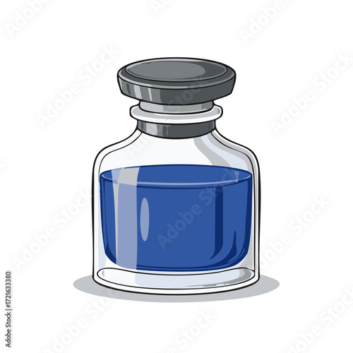 Glass bottle filled with blue liquid and capped for preservation