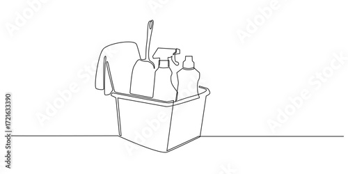 Continuous one line drawing of cleaning supplies in a bucket. Minimalist outline illustration with spray bottle, detergent, brush, and cloth for housework or sanitation.