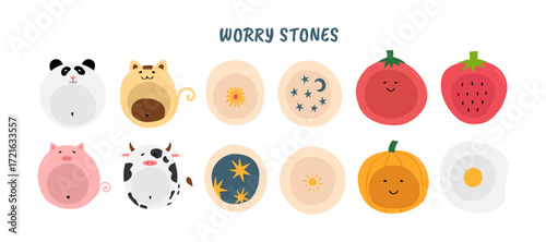 Worry stones hand drawn illustrations for your small business. Palm stones in the shape of a cow, pig, cat, panda, tomato, strawberry, pumpkin, scrambled egg. Trendy thumb stones stickers. AnxietyWeb