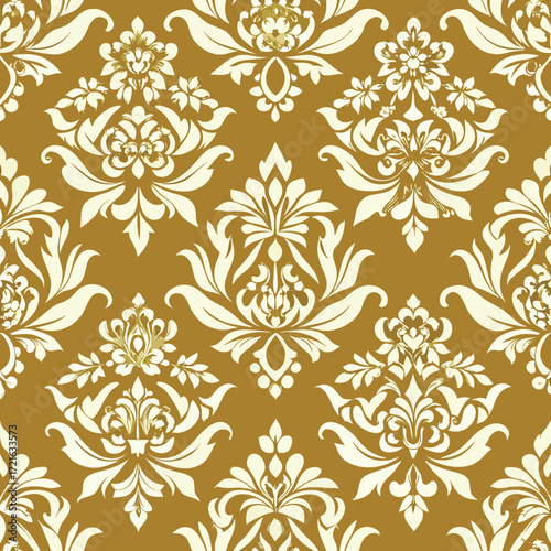 Seamless damask pattern with white floral motifs on a rich golden brown background vector illustration