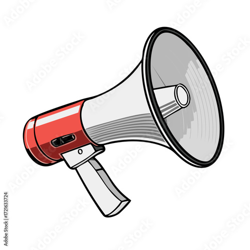 Red and white megaphone illustration, retro design, communication concept