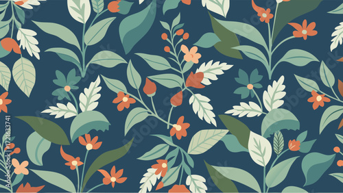 Seamless Floral Pattern with Orange Flowers and Green Leaves on Dark Blue Background vector illustration