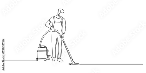 Continuous line drawing of a man vacuuming the floor with a professional cleaning machine, wearing overalls, illustrated in a minimalistic linear style.