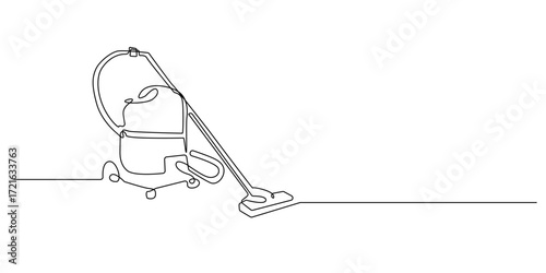 Continuous line drawing of a vacuum cleaner with a long hose and nozzle.Suitable for cleaning service concepts, household appliance design, janitorial equipment illustration, hygiene and sanitation.