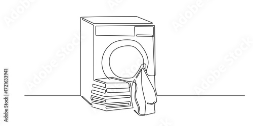 Continuous line drawing of a washing machine with an iron and a stack of clean folded clothes.Suitable for laundry service concepts,household appliance design, cleanliness and hygiene themes.