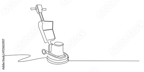Continuous line drawing of a floor buffer cleaning machine.Suitable for cleaning service concepts,janitorial equipment design,industrial sanitation,office maintenance,and hygiene-themed illustration.
