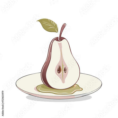 Halved Pear with Honey Illustration: Appetizing Fruit Dessert on Dish