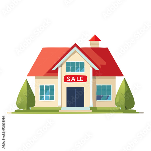 House for sale illustration with a red roof green trees and windows home ownership concept