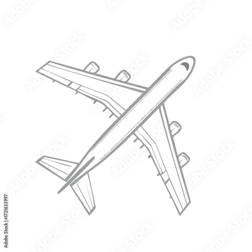 Stylized Illustration of a Large Passenger Airplane Flying Overhead in Gray Isolated on White