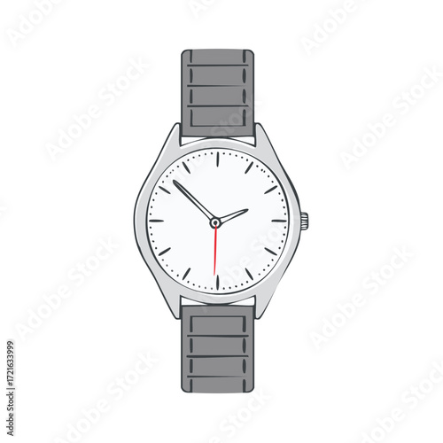 Silver Wristwatch Illustration with Metal Band and Red Second Hand
