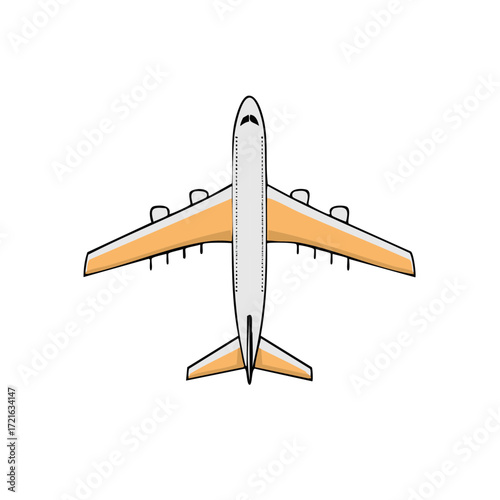 Top view illustration of flying commercial airplane with four engines and colored wings suitable for international tourism
