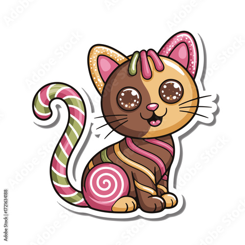 Cute cartoon cat with candy cane stripes and swirl pattern, isolated on white background technology background