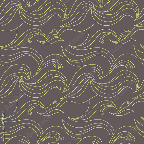 Seamless pattern of delicate yellow swirling lines on a dark grey background abstract texture