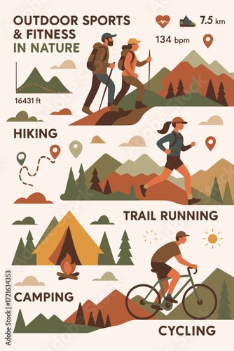 Vibrant illustration featuring people hiking, running, camping, and cycling in a mountainous nature setting. Emphasizes outdoor fitness, teamwork, adventure, and wellness in scenic landscapes.