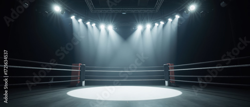 Professional boxing ring illuminated by bright lights, creating dramatic atmosphere for upcoming match