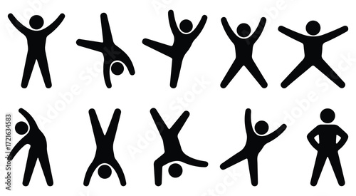 Diverse stick figures in dynamic poses, showcasing movement, exercise, active lifestyle concept, black vector illustration, human activity and fitness symbols, health and wellness design elements