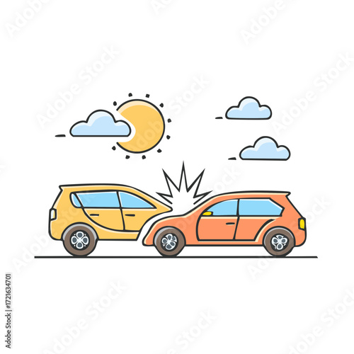 Cartoon illustration of a car accident with two vehicles colliding with a sunny weather in the sky