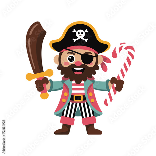 Cute cartoon pirate with a sword and candy cane, isolated on white background technology background