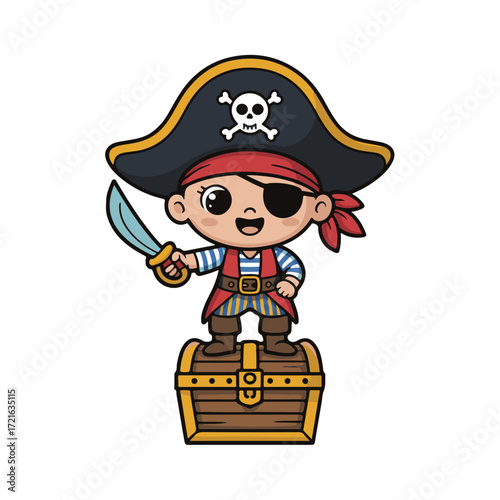 Cute cartoon pirate boy with sword standing on treasure chest, isolated on white background technology background