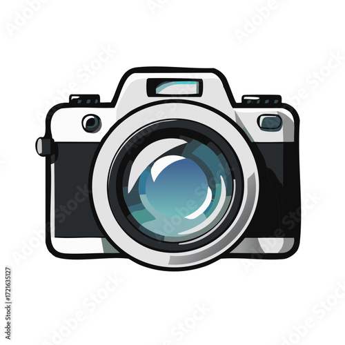 Stylized Camera Illustration with a Blue Lens for Photography Themes and Creative Projects