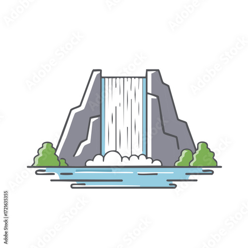 Powerful Water Dam and Cascading Waterfall Flowing into River with Rocks and Green Bushes Illustration