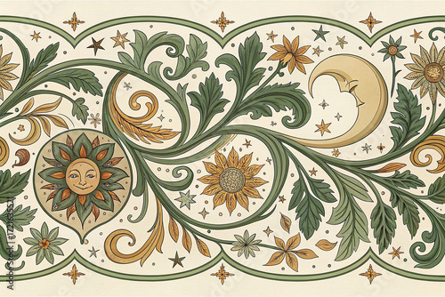 Vine Scroll Border Pattern with Sun, Moon and Stars - Ornamental Botanical Flourish, Vintage Art Nouveau Floral Seamless Divider in Green and Gold