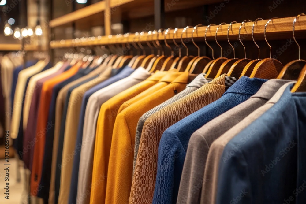 Fototapeta premium A stylish array of male clothing elegantly displayed on hangers.
