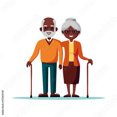 Happy African American senior couple smiling holding walking canes showcasing companionship and support