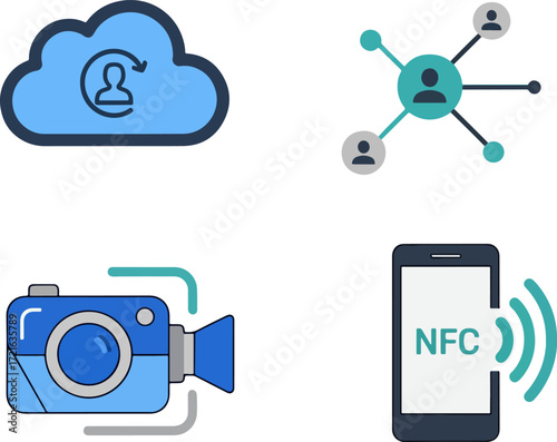 Flat 2D icon set representing cloud storage, connection, camera, and NFC technology for digital data management and sharing