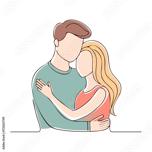 Minimalist illustration of a loving couple embracing tenderly showing romance and emotional connection