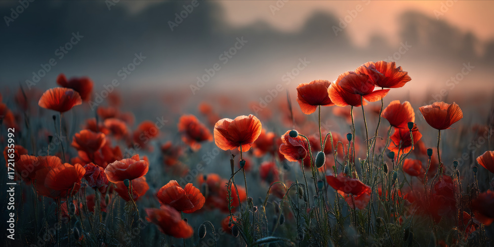 Obraz premium Poppy and field create warm and happy feeling on this beautiful sunrise