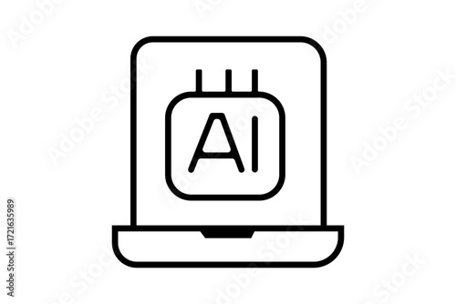 The central square inside the laptop screen has the letters “AI”, symbolizing artificial intelligence technology integrated with computing systems.