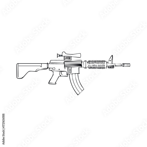 Detailed Line Art Illustration of an Assault Rifle with Optical Sight and Magazine Clip on White Background